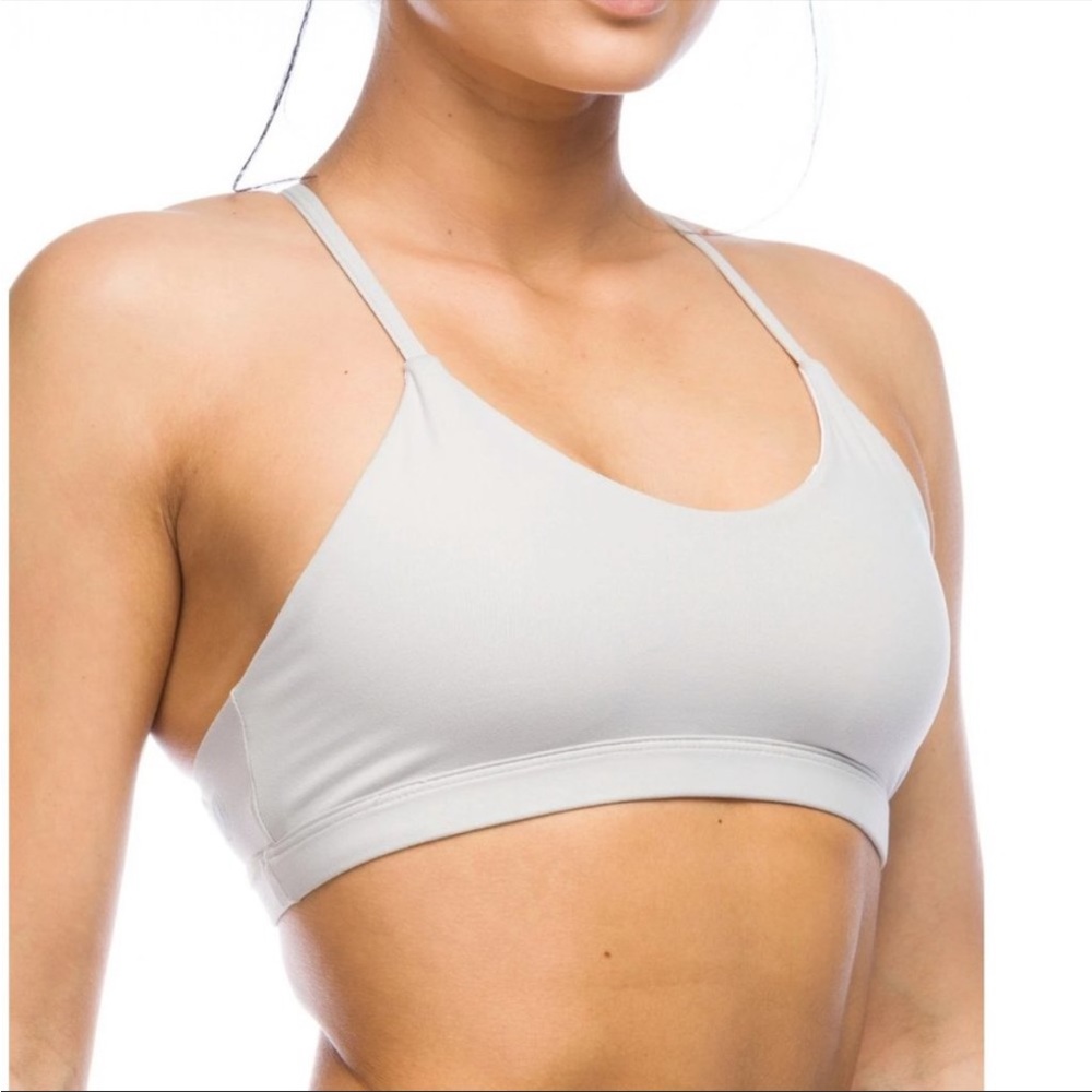 IAB MFG Namaste Sports Bra Dove Gray Strappy Macrame Padded Laced Back Yoga